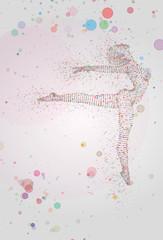 .Female silhouette from colorful dots dancing on an abstract background. vector layout.