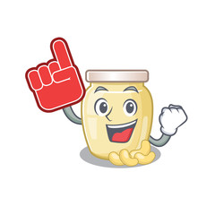A picture of cashew butter mascot cartoon design holding a Foam finger
