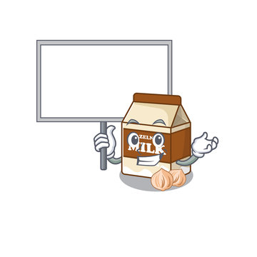 A cute picture of hazelnut milk mascot design with a board