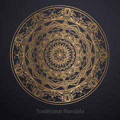 Gold mandala on black background. Ethnic pattern.
