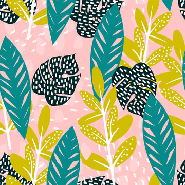Seamless exotic pattern with tropical leaves. Vector hand drawn background, bright summer pattern for fabric.