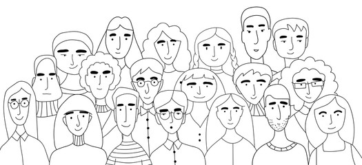 Group photo of a large family. A group of painted faces collected in one place. Great campaign of friends, school photo. Coloring book for kids