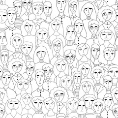 Black and white coloring book for kids. A lot of people, different faces and hairstyles. Cartoon men and women drawn by doodle hands.