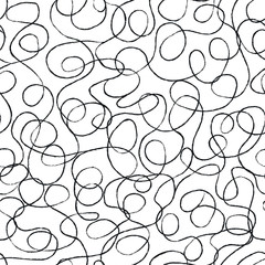 Seamless pattern of pencil curled lines, black traces on white, circles, wavy lines, continuity.