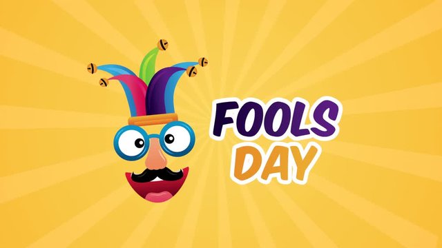 happy fools day card with crazy mask and buffoon hat