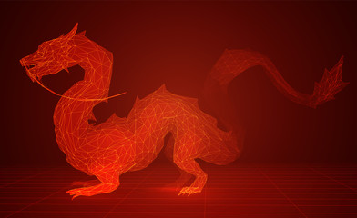 vector long dragon snake on red background in 3d polygon style