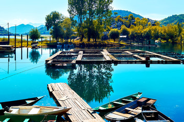 A fish and oyster farm on a mountain lake in Montenegro. Calm and clear weather. Berth with boats. Marine food production