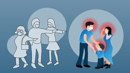 The cartoon illustration picture of  the disease inflected family is bullied by society. ( vector )