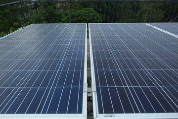 Solar panels on the roof of a tropical city house early in the morning at dawn.