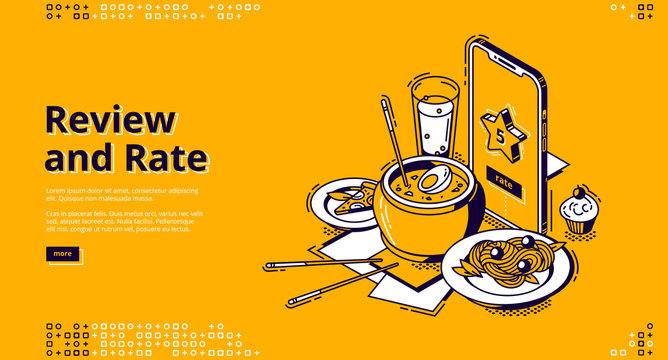 Restaurant rate, customer review isometric landing page, food delivery service mobile app, ramen, noodles, pizza lying near smartphone with star on screen, 3d vector illustration, line art, web banner