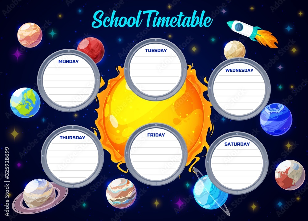 Poster school timetable, galaxy universe vector template. school schedule weekly planner and time table fra