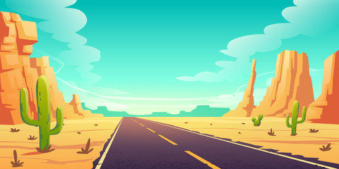 Desert landscape with road, cactuses and rocks. Vector cartoon illustration of highway in Arizona or Mexico hot sand desert with orange mountains. Summer western american landscape © klyaksun