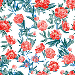 Beautiful seamless pattern with peonies, oriental floral ornament for fabric, tile, paper. Autumn pink flowers