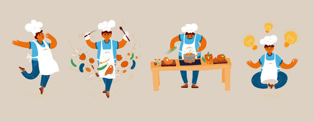Vector cartoon illustration of home and small restaurant male man cook concepts. Creating Ideas for Cooking, conducting cook process, chef man showing sign for delicious, with taste approval gesture.