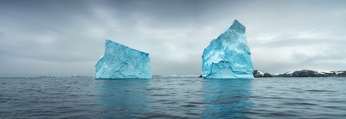 panorama with huge icebergs in strait in Antarctica © sergejson