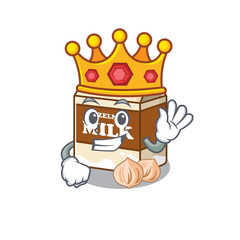 A cartoon mascot design of hazelnut milk performed as a King on the stage