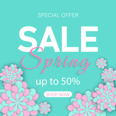 Sale banners women's day. March 8 flower card. International Happy Women's Day. Holiday 3d background of pink paper flower on blue backdrop with square frame. Trendy design template. Vector 