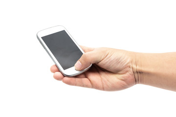 hand holding smart phone isolated on white