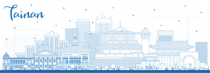 Outline Tainan Taiwan City Skyline with Blue Buildings.