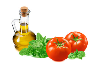 Fresh pesto ingredients, tomato, green basil and olive oil in bottle isolated on white background