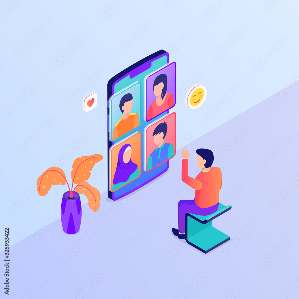 Poster video call group discussion concept with man video calls using big smartphone with isometric style