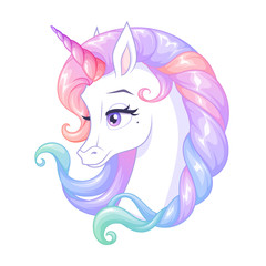 Beautiful white unicorn with pink horn and colorful mane. Isolated vector illustration. © Mus Illustrations