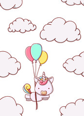 Seamless pattern cute unicorn cloud cartoon kawaii flat hand drawn on white background