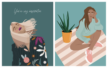 Set of posters about spring and inspiration with girls and flowers