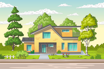 Modern house with large garden on a street in summer. Concept for real estate, architecture, advertising, web backgrounds. Vector Illustrations with separate layers.