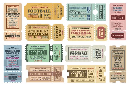 American football game tickets vector set with sport ball. Championship cup match admit one coupons, competition event of stadium or sporting arena retro invitations or access cards