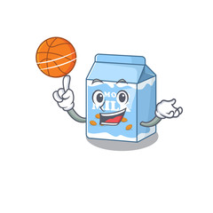 A mascot picture of almond milk cartoon character playing basketball