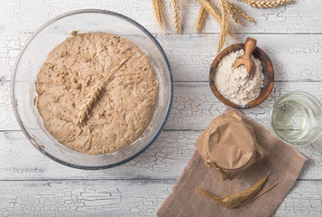 The leaven for bread is active. Starter.sourdough ( fermented mixture of water and flour to use as...