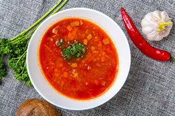 Beef goulash soup with tongue. A white oval plate with red soup stands on a gray canvas. Next to it...