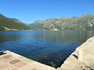 Bay of Kotor ocean and mountain views  and town of Perast in Montengro - 325939667