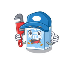 A cute picture of almond milk working as a Plumber