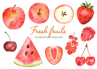 Watercolor set with red fruits watermelon, apple, raspberries, strawberries, currants, cherries