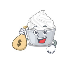 Rich and famous sour cream cartoon character holding money bag