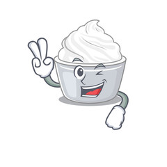 mascot of funny sour cream cartoon Character with two fingers
