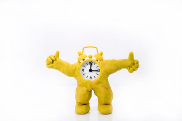 Funny ClockMan made from Play Clay. Isolated on white background.