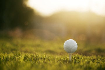 golf ball on tee in a beautiful golf course with morning sunshine
