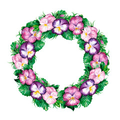 Pansy wreath on a white background. Viola botanical watercolor illustration. Delicate flowers are hand-drawn for the design of cards, invitations, greetings, sketchbooks, diaries, packaging.