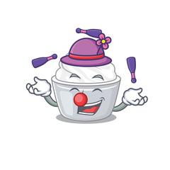 a lively sour cream cartoon character design playing Juggling
