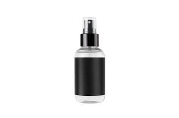 Transparent spray bottle for cosmetics product with black blank label isolated on white background,...