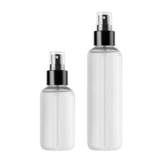 Tall, low transparent spray dispenser bottle for cosmetics with liquid, isolated, mock up for branding,  presentation, design.
