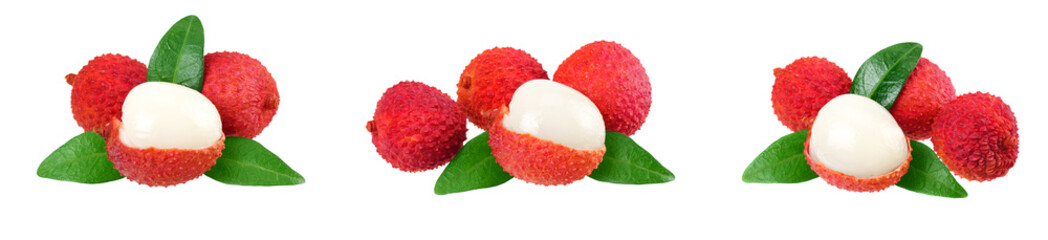 Fresh lychee with leaves isolated on white background