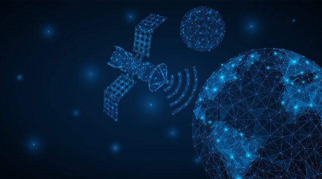 Worldwide satellite communications.The space station transmits information to the planet earth. Concept of triangular lines and points. Low-poly vector illustration.