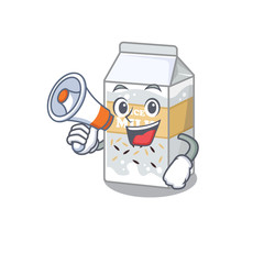 A mascot of rice milk speaking on a megaphone
