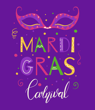 Flat vertical poster with masquerade mask, confetti and lettering on violet background. Mardi Gras celebration. Fat Tuesday. Decoration for carnival. Vector image for your creativity.