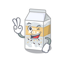 mascot of funny rice milk cartoon Character with two fingers