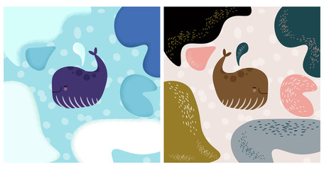 Set of children's illustrations with whales and colorful ice floes